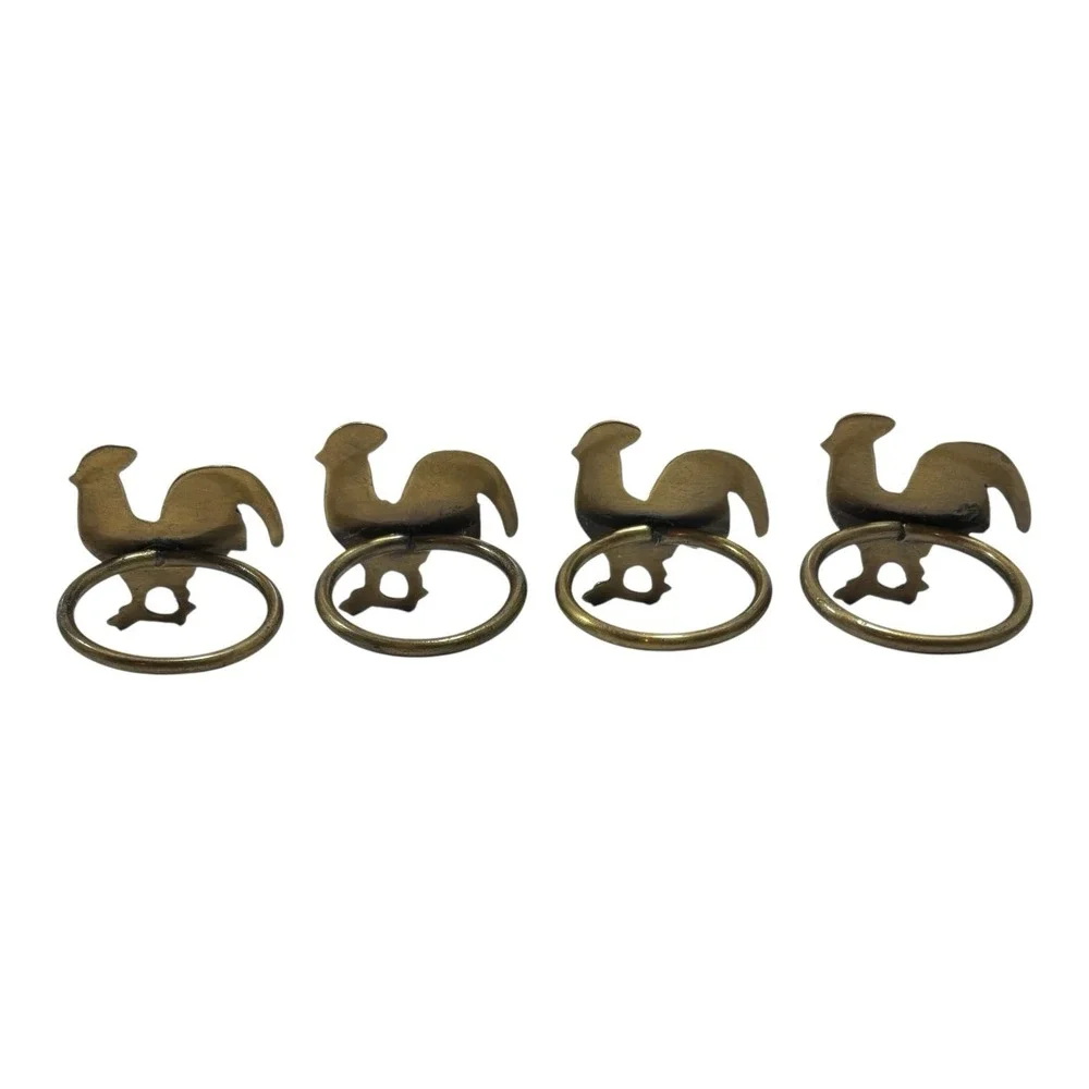 4 Vintage Brass Rooster Design Napkin Rings Farm Bird Chicken Decor‎